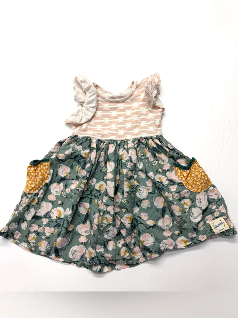 Flowermill Flutter Sleeve Floral Pocket Dress Pink Green Mustard Yellow
